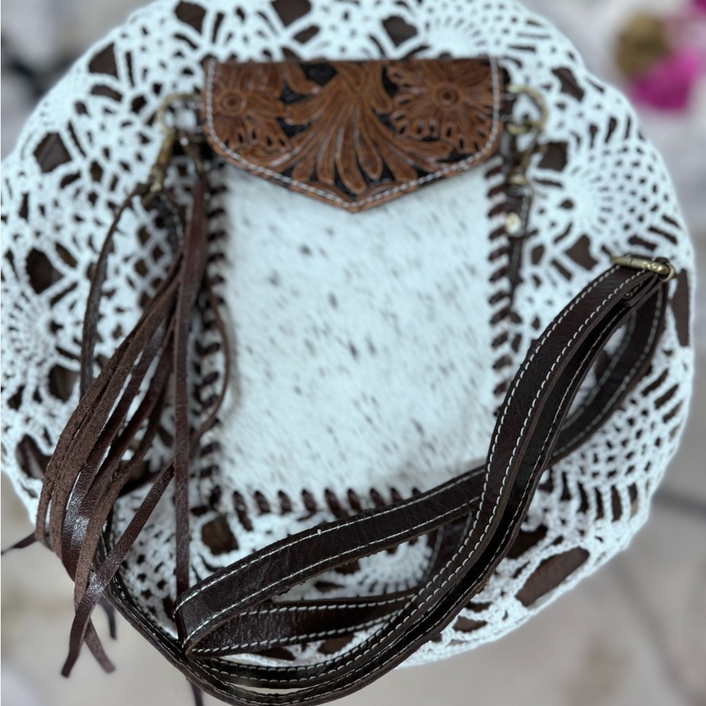 Boutique Brand Calf Hair Hand Stamped Leather Crossbody Bag Purse